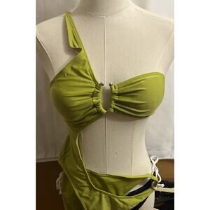 One Shoulder Split V Bandeau Top Cut Out One Piece Swimsuit Size S Matcha Green